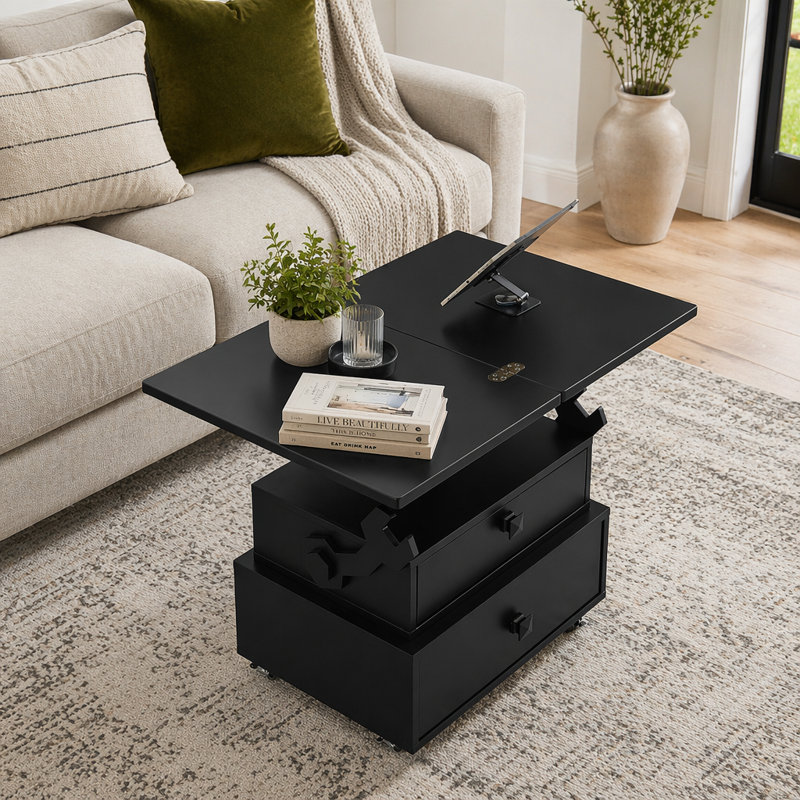 Table basse multifonctionnelle à plateau relevable avec station de charge et tiroirs de rangement, Noir