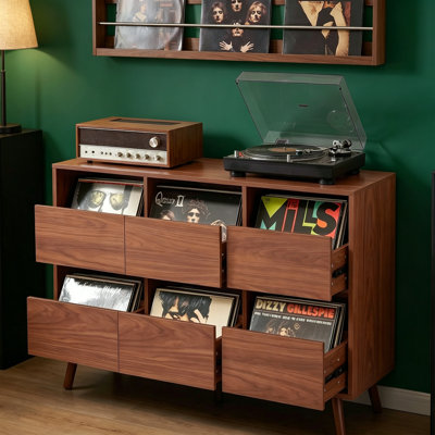 44.1" Large Record Player Stand, Mid Century Turntable Stand,Vintage Player Table with Spacious Storage, Vinyl Record Holder for Bedroom Living Room (
