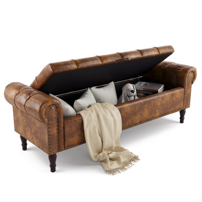 Storage Bench For Bedroom, 62” King Faux Leather End Of Bed Bench With Tufted Button, Benches For Bedroom With Rolled Arm And Nailhead Trim, Dark Brown