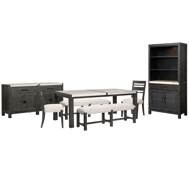 Table de salle à manger rectangulaire avec 2 bancs et 2 chaises d'appoint, 7 pièces: table, 2 bancs, buffet, 2 chaises, armo