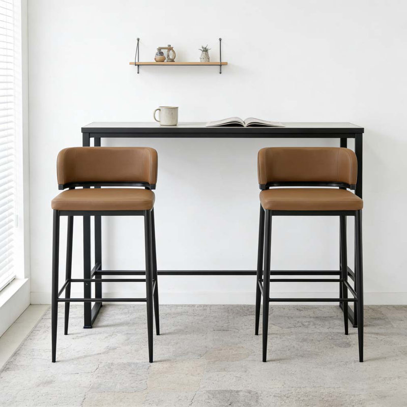 Tabouret de bar en cuir et structure en métal, Brun