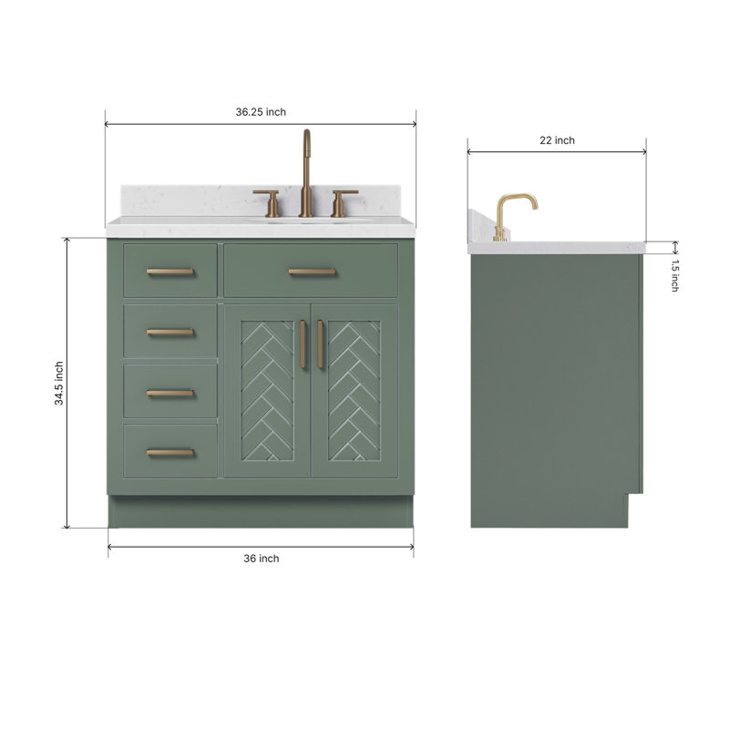 Ensemble de meuble-lavabo simple ovale droit décalé à chevrons 36 pouces avec comptoir en quartz blanc Carrara blanc rétro 1,5 pouces