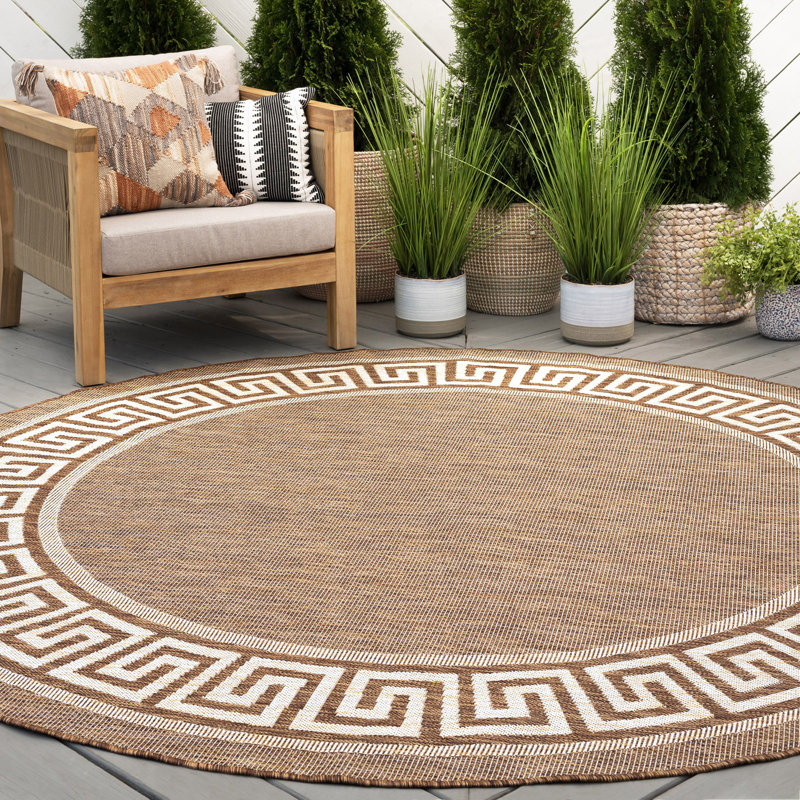 Tapis brun / crème à imprimé animal, Rond 5 pi 3 po