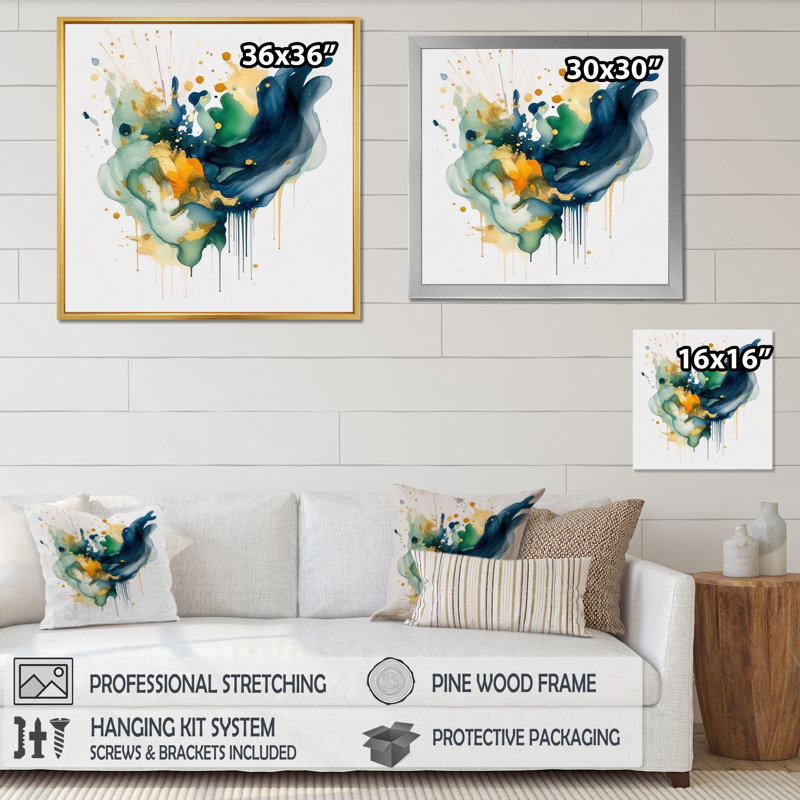 Bleu foncé, turquoise et or IV, H 36 po x l 36 po x P 1,5 po, Cadre flottant doré
