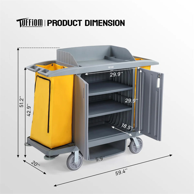 60" Multifunctional Housekeeping Hotel Cart Janitorial Cart With Locking