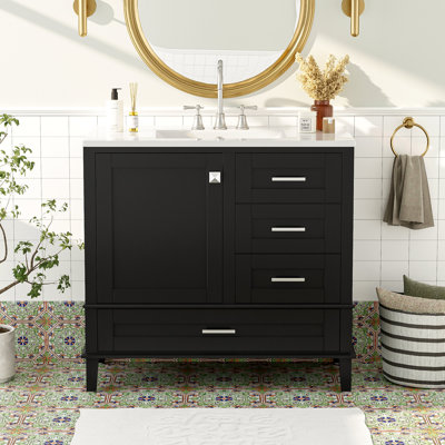 Meuble-lavabo moderne 36 po avec cadre en pin massif, 1 porte à fermeture douce et 3 tiroirs, armoire de rangement moderne