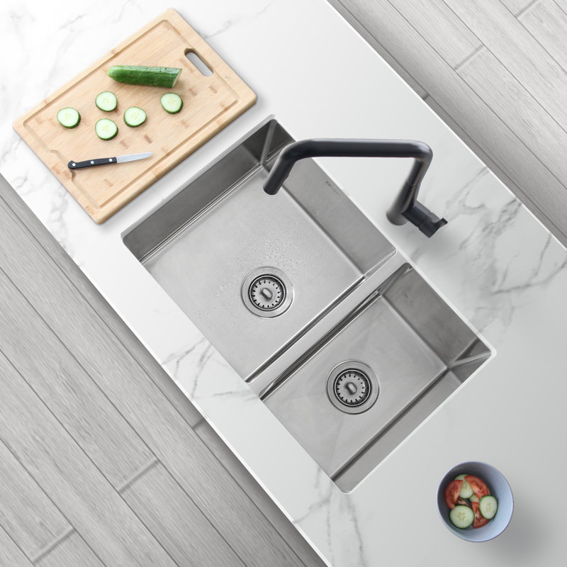 Builder STYLISH 28 inch Double Bowl 60/40 Reversible Undermount Stainless Steel Kitchen Sink with Strainers