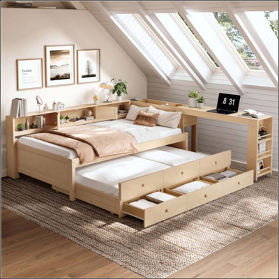 Lit de jour avec couchette, cadre de lit de jour en bois avec tiroirs de rangement, tablettes latérales et bureau
