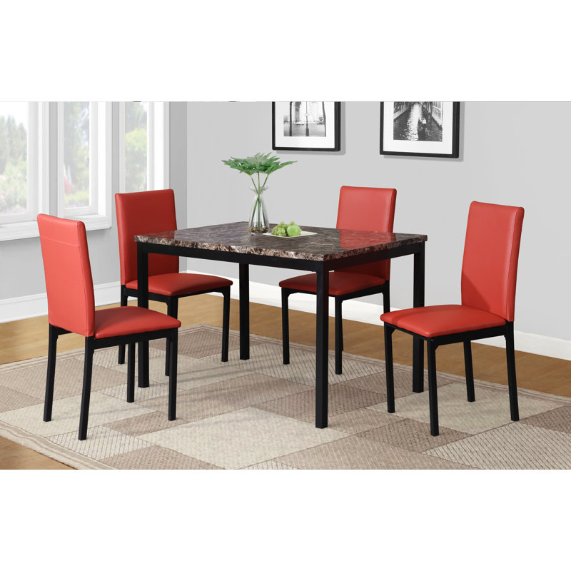 5-Piece Metal Dinette Set With Laminated Faux Marble Top, 4 Chairs, Red/Black, 30"H x 45"L x 28.5"W, Black