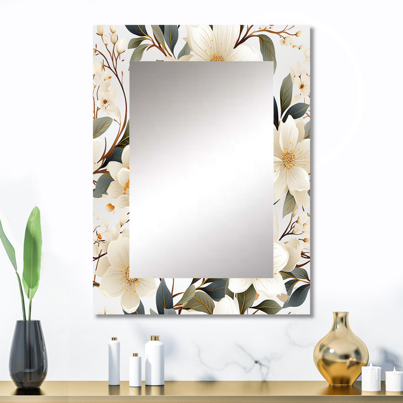 Alianny, coquelicots blancs, élégance florale minimaliste - grand miroir floral, décoration murale unique à motif floral, impression sur métal