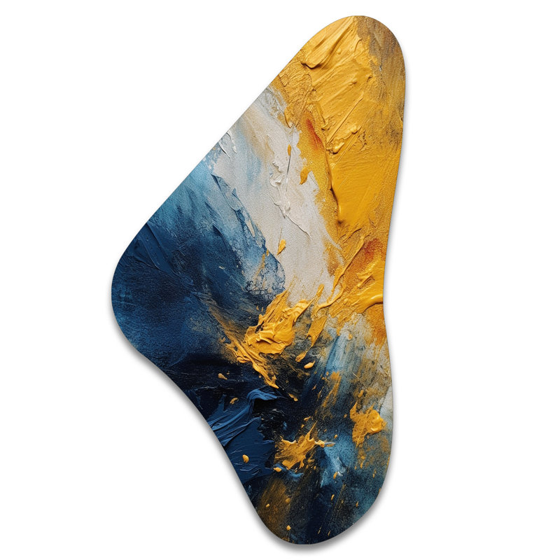 Bleu et jaune Expressions intuitives II - art mural asymétrique en forme de Boomerang abstrait, H 39 po x l 21 po x P 1 po