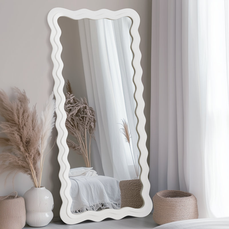 Irregular Wavy Mirror, Large Floor Standing Mirrors Wall Mounted with Flannel Wrapped Frame for Bedroom & Living Room, White