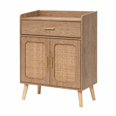 Armoire à chaussures Farmhouse avec tiroir, 2 portes en rotin, tablette réglable et pieds en bois massif pour les vestibules