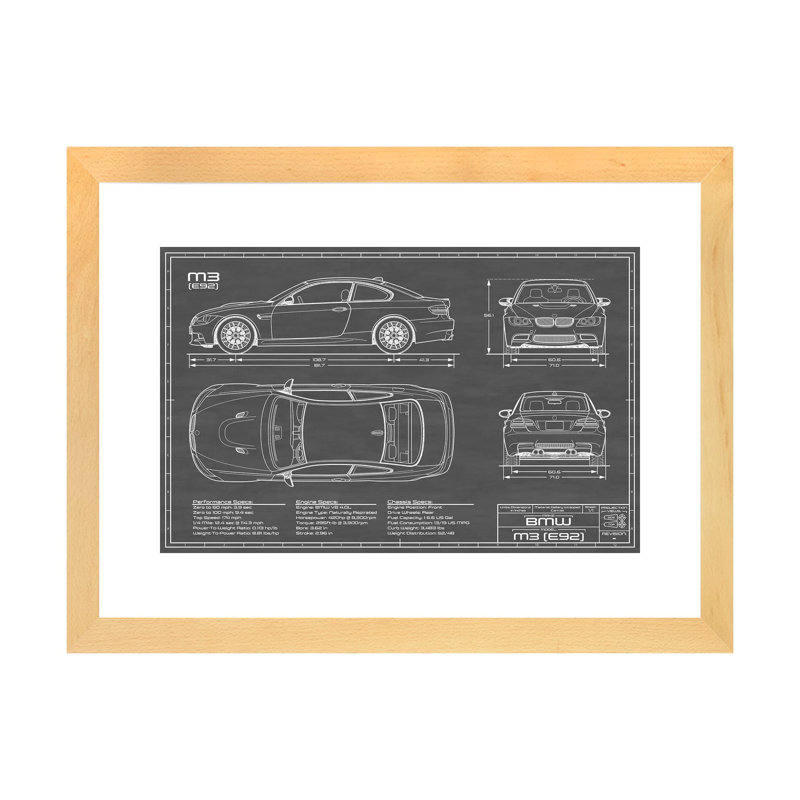 BMW M3 (l) noir-imprimé de dessin, H 16 po x l 24 po x P 1 po, Toile avec cadre en bois beige, Blanc