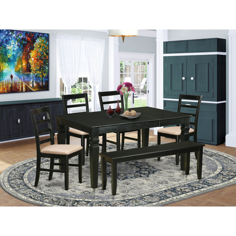 Ensemble de salle à manger 6 pièces comprenant une table rectangulaire avec rallonge papillon, 4 chaises rembourrées en lin et une banquette, 107 x 152 cm, noir