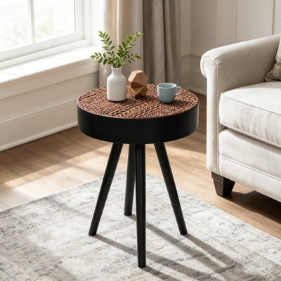 Table basse ronde à plateau sculpté 15,7 po, table basse compacte pour petit espace, table de chevet moderne pour salon, chambre à coucher, bureau, brun