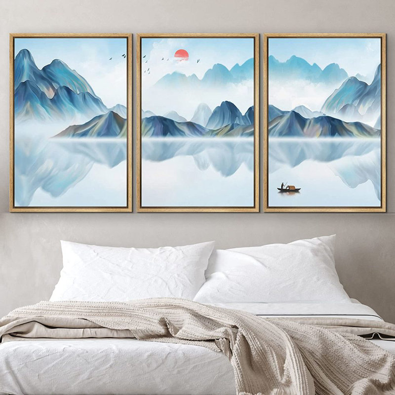 Chinoiserie " Mountain Reflection " 3 - Pieces Painting Print, 24" H x 48" W, White Framed