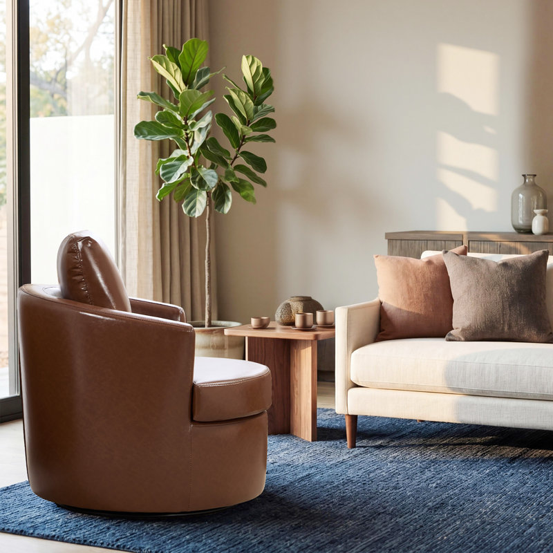 32.3'' Wide Modern Vegan Leather Upholstered Barrel Swivel Accent Chair with Curved Armrest (Set Of 4), Warm Brown