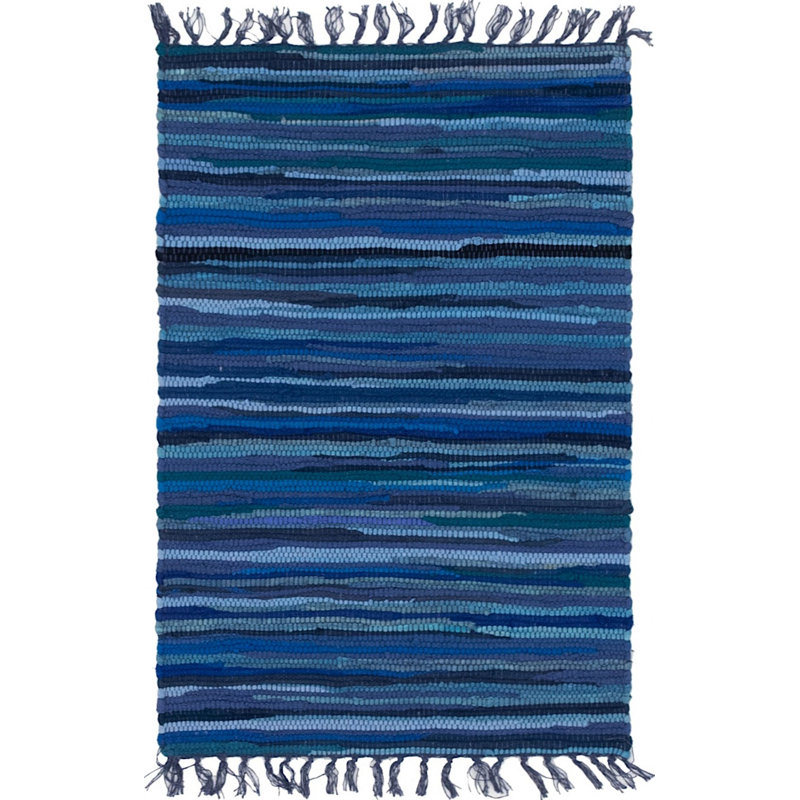 Handmade Navy Blue Stripe Braided Cotton 2'x3' Indoor Rug