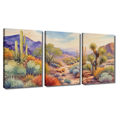 Tableau à trois panneaux, aquarelle, paysage de cactus du désert, impression sur toile tendue pour salon