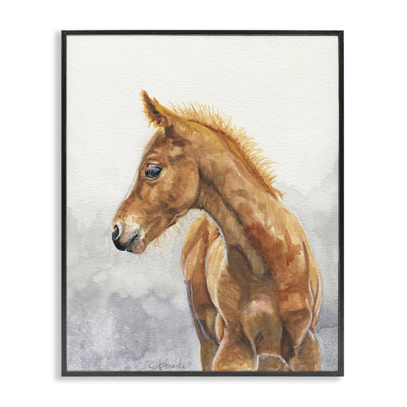 Aquarelle, poulain brun, estampe numérique par Birch & Ink, Giclée encadrée noir minuit, H 20 po x l 16 po