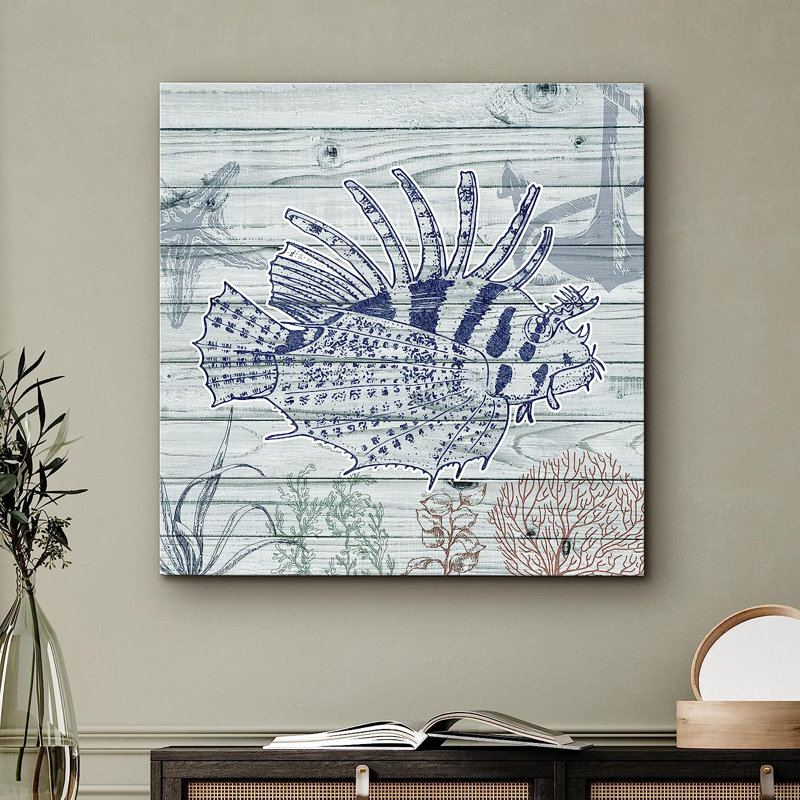 Marine Lifes In The Sea Lionfish Swims In Ocean On Canvas Print, 12" W x 12" H