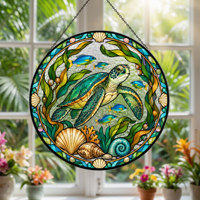 Stained Glass Sea Turtle And Blue Fish In Circular Frame Canvas Wall Art