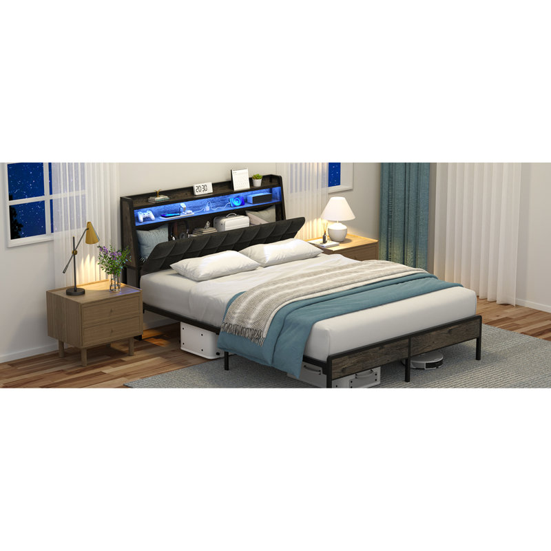 Structure de lit double moderne avec tête de lit ergonomique à dossier ergonomique, lumières à DEL réglables, ports de charge et rangement pour la tête de lit. Lit en métal, housse en lin