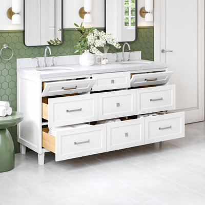 Ensemble de meuble-lavabo ovale double avec comptoir en quartz blanc Carrara de 66 po Ariel Monrow