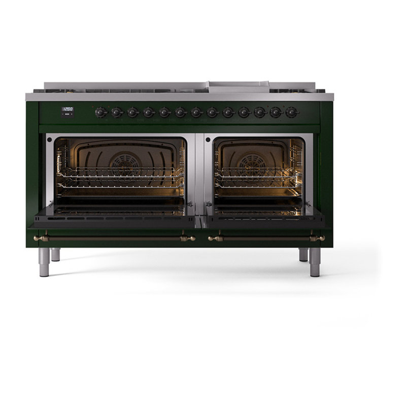 ILVE Nostalgie II Noblesse 60 in Dual Fuel Range, 9 Burner, Griddle, Emerald Green/Burnished, Natural Gas