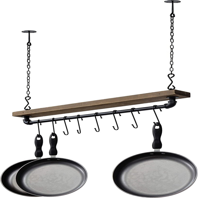 Metal/Wood Rectangle Hanging Pot Rack, Brown