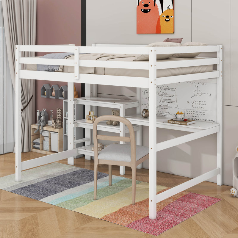 Lit mezzanine en bois avec tablettes, bureau et tableau d'écriture, Double, Blanc