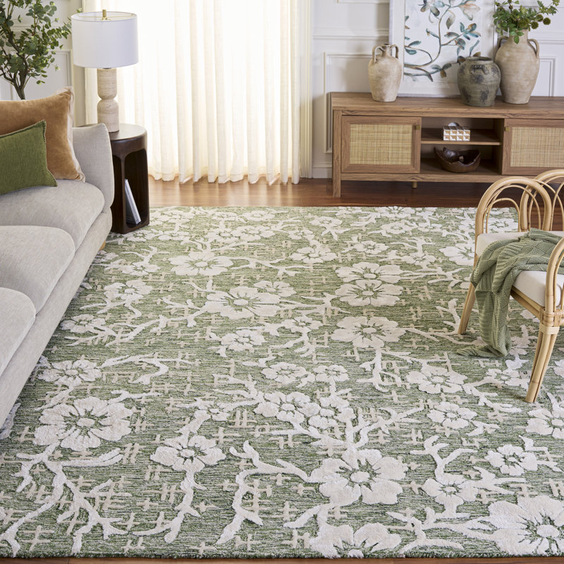 Stiliani Hand Tufted Wool/Viscose/Cotton Floral Rug in Ivory/Green, Rectangle 8' x 10'