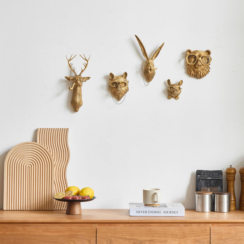 5 pièces de décorations murales de buste animal en résine, tête de bête dorée patinée