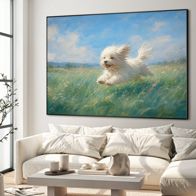 Très grand art mural imprimé sur toile - Chiot blanc traversant un pré vert sous un ciel bleu, scène de nature pour le salon ou la chambre à coucher «Assemblage requis (cadre non fini)»