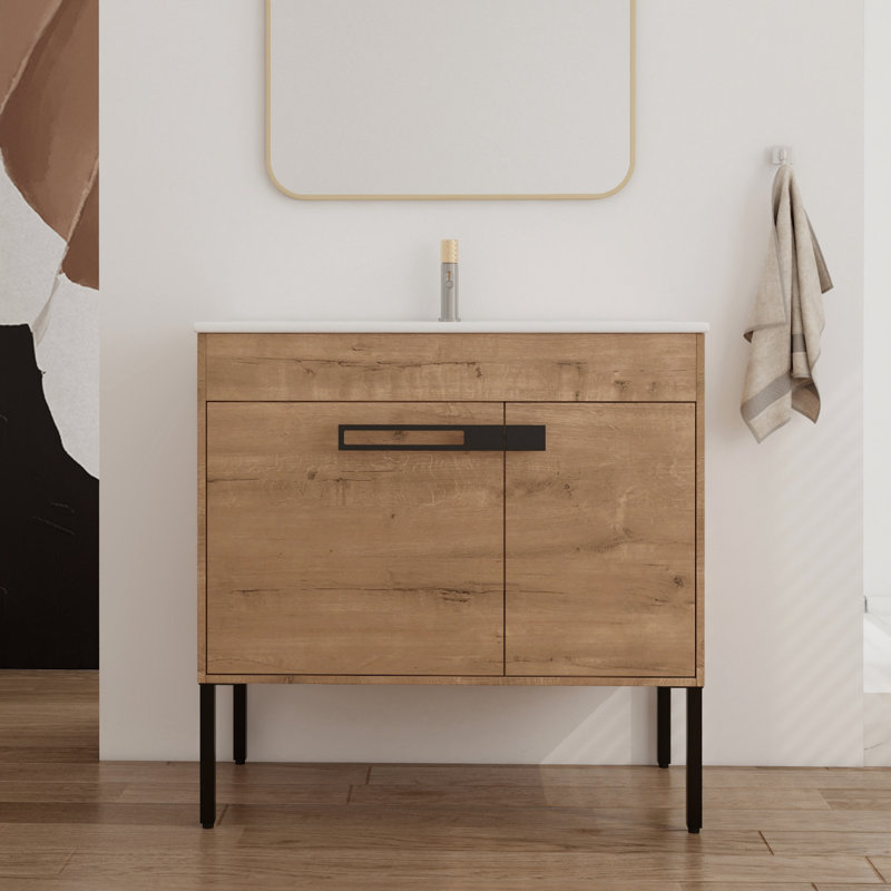 Ensemble de meuble-lavabo simple 36,34 po avec plateau en céramique Cyntoria, Chêne