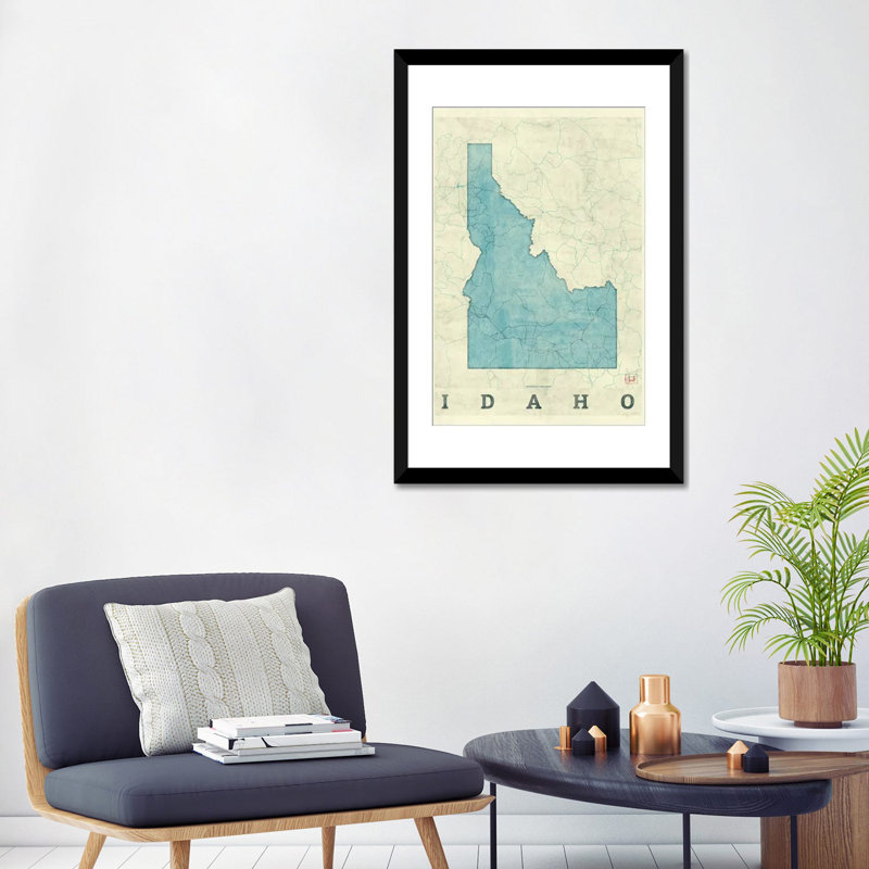 «Idaho Map», impression sur toile, Papier avec cadre noir, H 32 po x l 24 po x P 1 po, Blanc