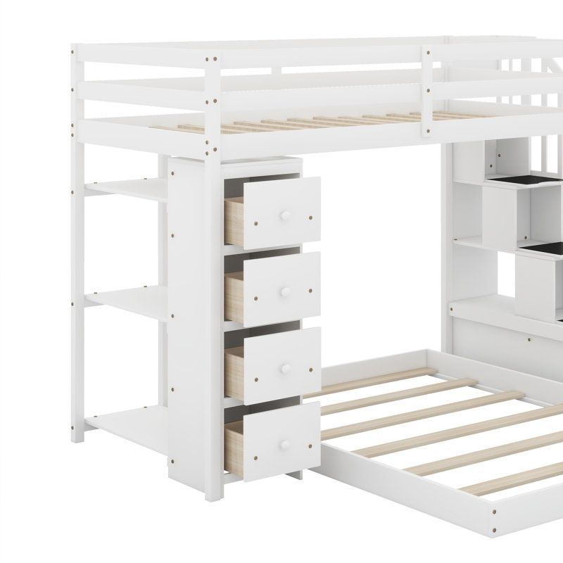 Lit simple superposé au dessus d'un lit double avec tablettes, tiroirs et escaliers, Blanc