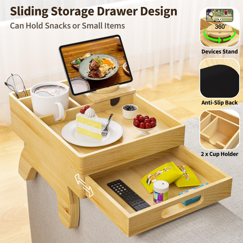 Couch Cup Holder, 7-In-1 Couch Arm Tray, Sofa Clip-On Side Table With Push-Pull Drawer To Organize And Store Small Objects, 360°Swivel Phone Holder, For Drinks, Cups, Snacks, Remote