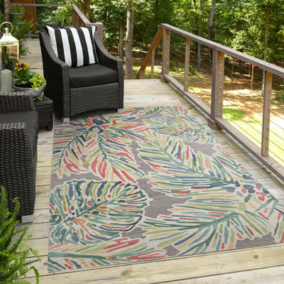 Kivett Floral Gray and Green Indoor Outdoor Machine Washable Area Rug