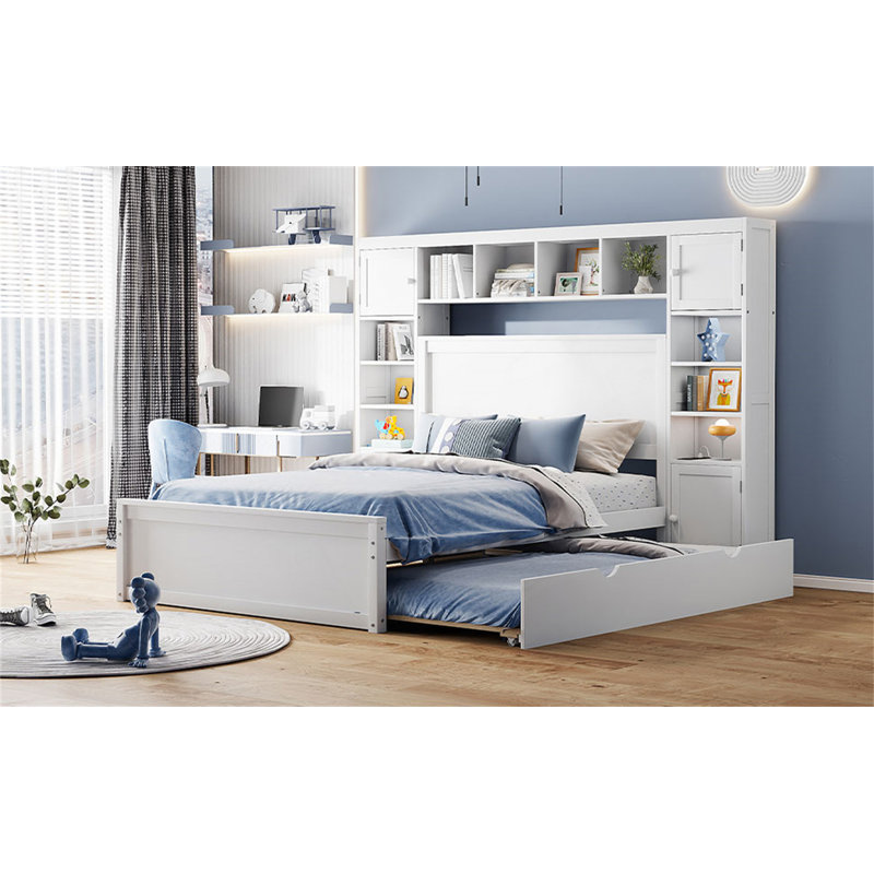 Full Size Wooden Bed With All-In-One Storage, Twin Trundle, And Built-In Outlets