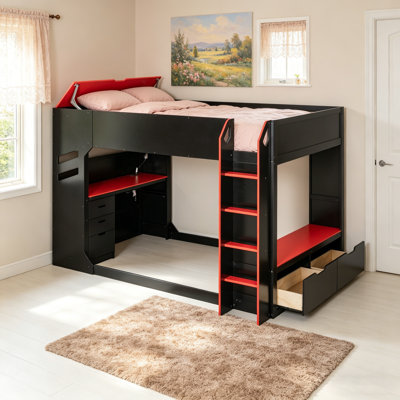 Lit mezzanine en bois pleine grandeur avec bureau réglable, rangement et lumières RVB pour les adolescents et les adultes, conception peu encombrante