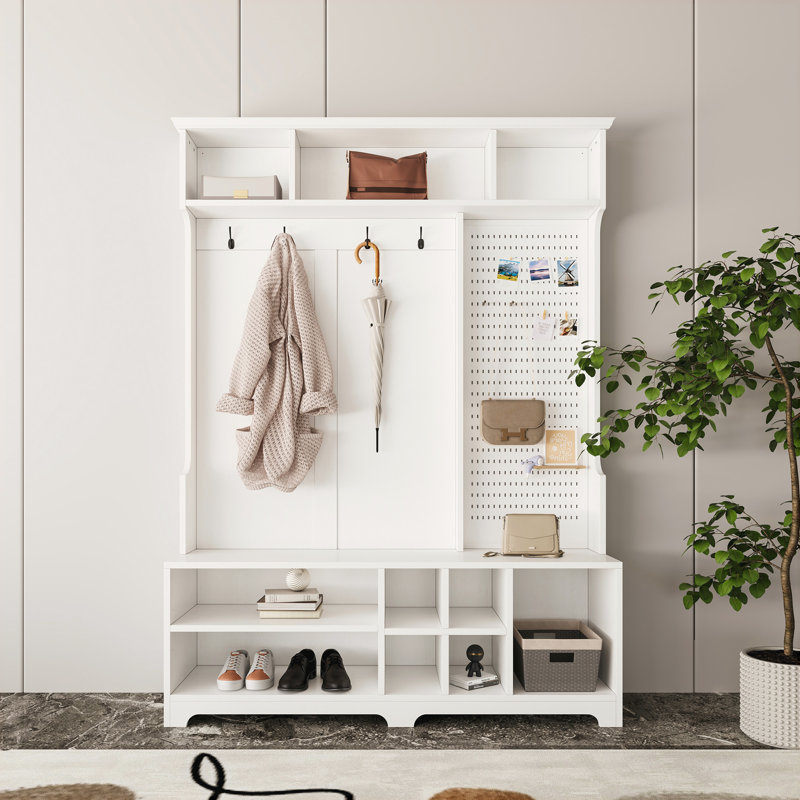 Hall Tree with Shoe Bench and Pegboard, White