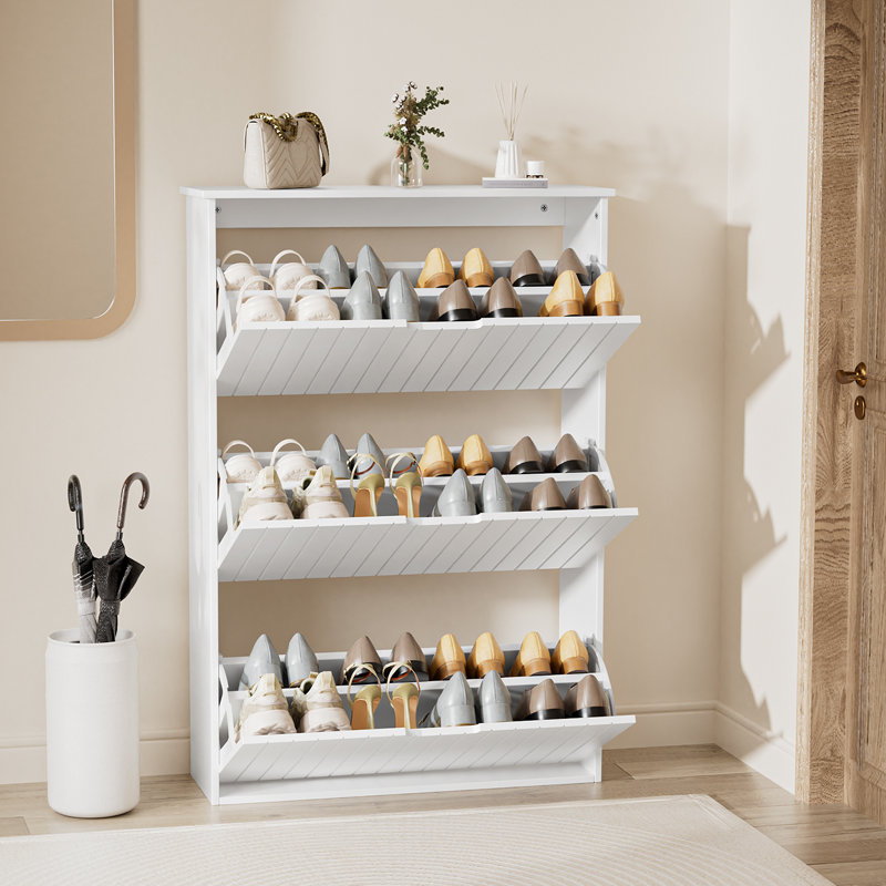 Armoire de rangement pour chaussures 24 paires, range-chaussures avec 3 tiroirs rabattables, range-chaussures caché en bois avec tablette réglable pour le couloir, blanc