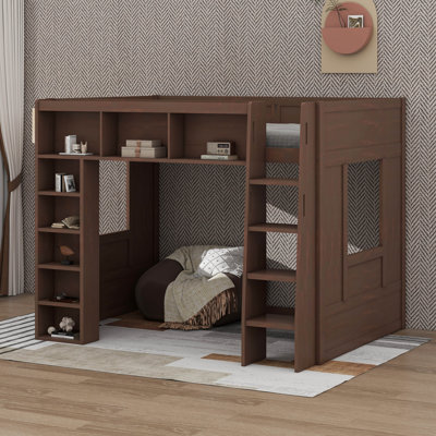 Queen Loft Bed With Storage Shelves & Cabinet, Solid Wood Loft Bed Frame With Bookcase And Under-Bed Space