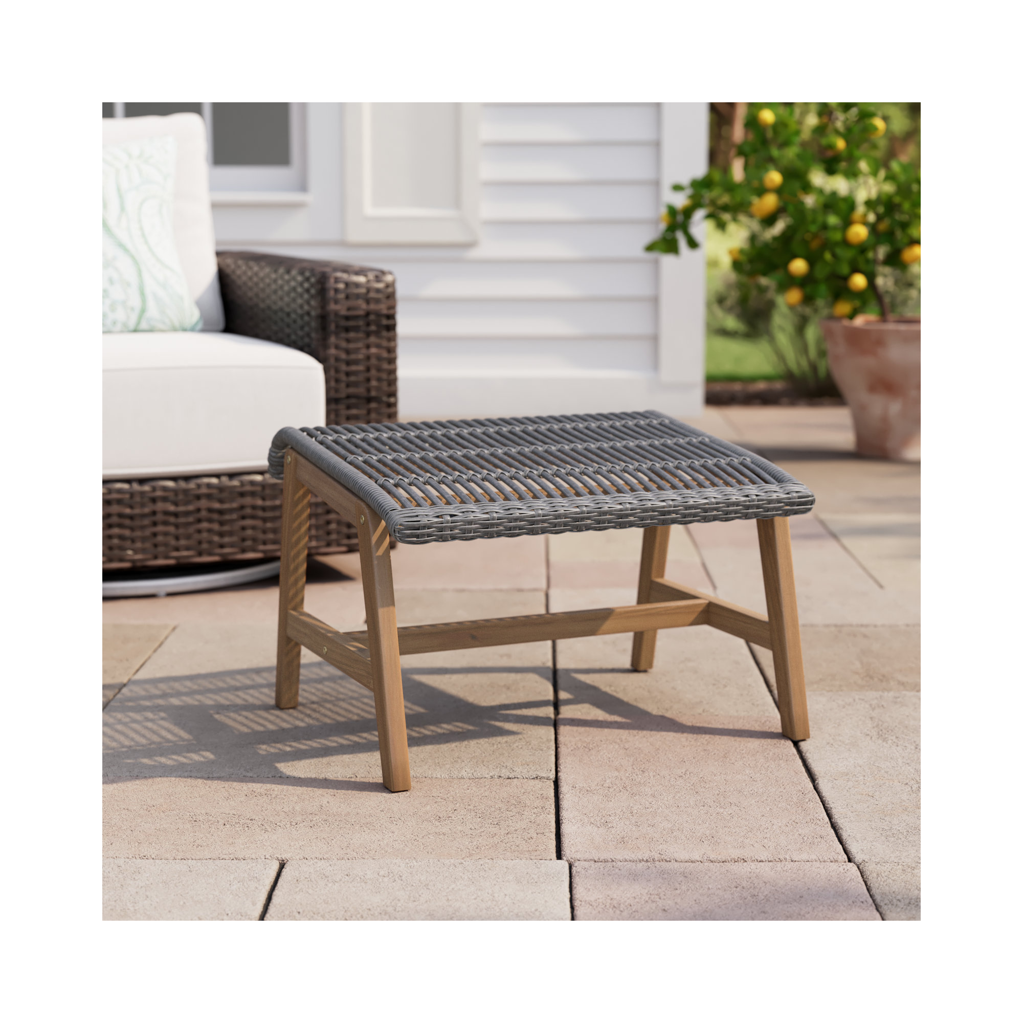 Anyston Outdoor Teak Ottoman, Dark Grey