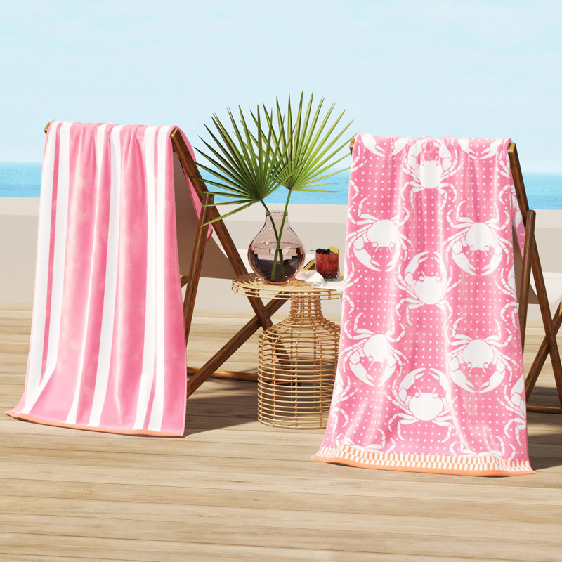 Serviettes de plage 100% jacquard 100% coton, Rose / crabes blancs / rayures