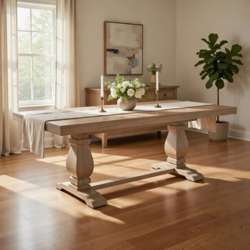 Table de salle à manger Anna, pieds sculptés, bois de blé naturel, rectangulaire de 84 pouces