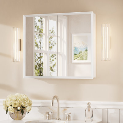 Recessed or Surface Medicine Cabinet with Mirror Aluminum Framed Adjustable Shelves, Tempered Glass, Waterproof Design