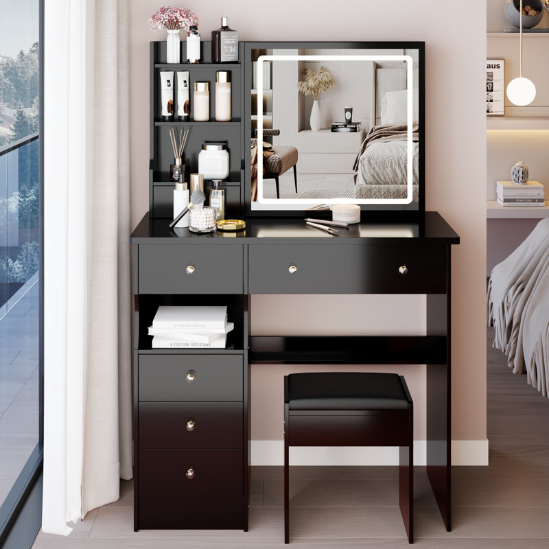 Table de coiffeuse de 37 po avec tabouret rembourré, tiroir gauche coulissant, miroir à DEL tricolore et rangement grande capacité | Idée cadeau